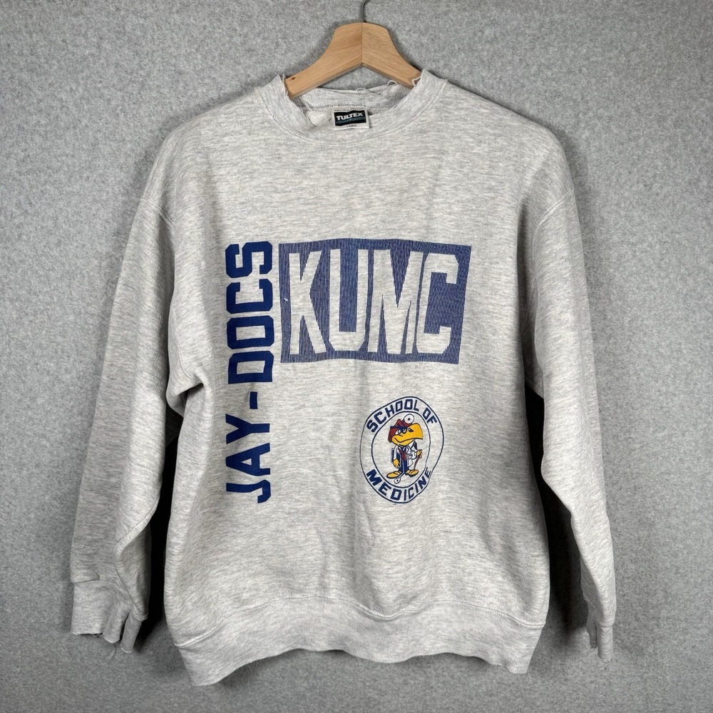 Vintage KUMC Sweatshirt Womens Large Gray Pullover Distressed Jayhawks Kansas